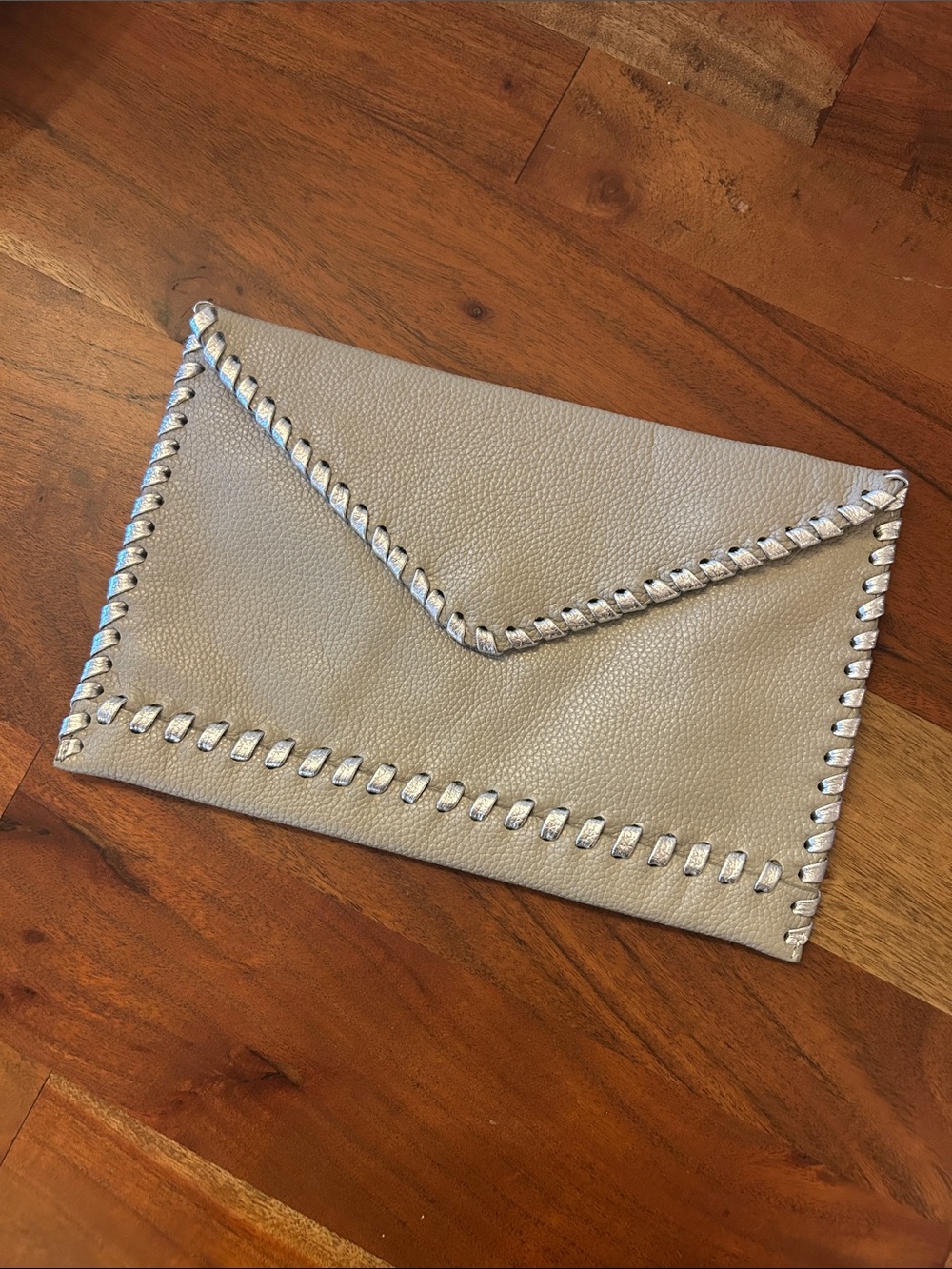 Laggo Pebbled Leather in Light Gray Envelope Clutch w/ Metallic Whipstitch Trim